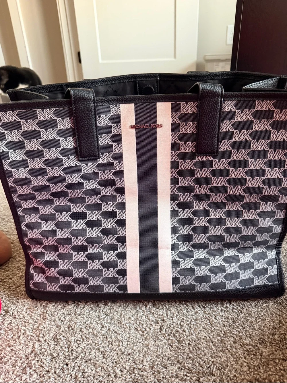 Michael Kors Black and White Signature Stripe Tote with Matching Wallet
